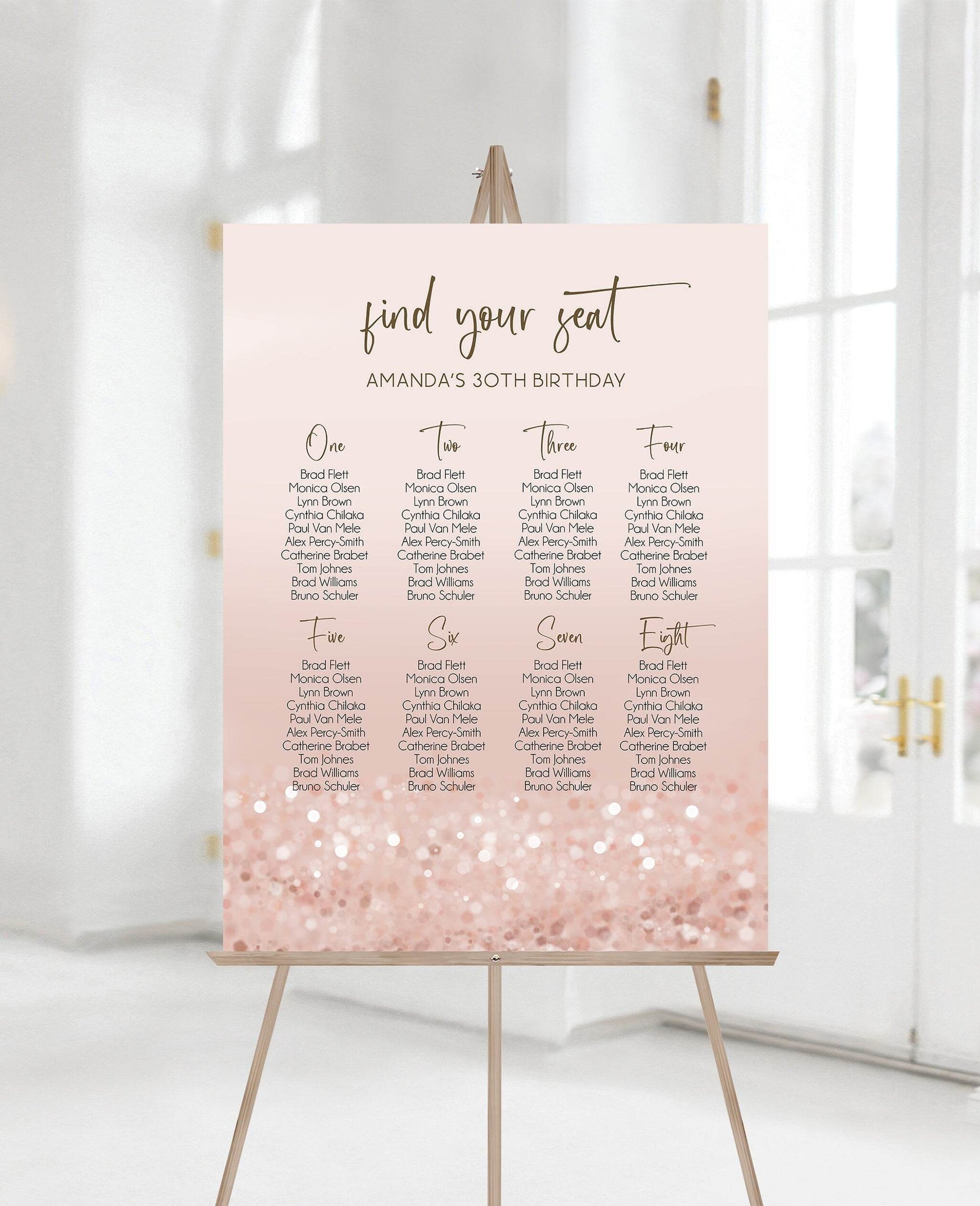 Minimalist Rose Gold Birthday Seating Chart – Printable Modern Seating Sign Template – Editable Digital Chart – Birthday Party Decor – Instant Download