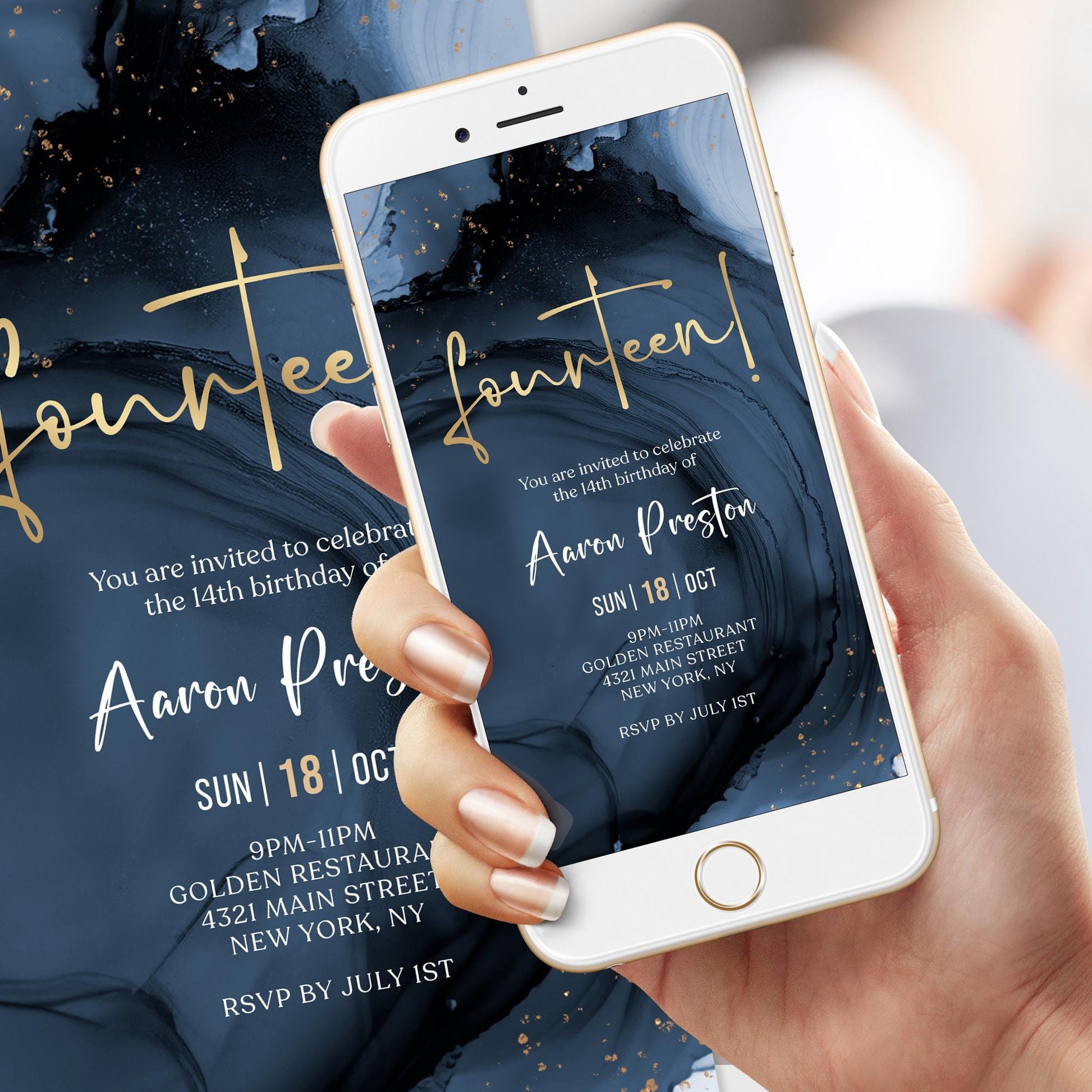 Blue Navy Gold Foil 14th Birthday Invitation Template, Digital Birthday Party Invite, Editable Electronic Evite, Text Message Invitation