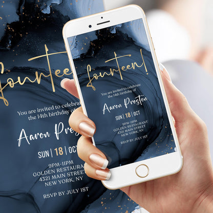 Blue Navy Gold Foil 14th Birthday Invitation Template, Digital Birthday Party Invite, Editable Electronic Evite, Text Message Invitation