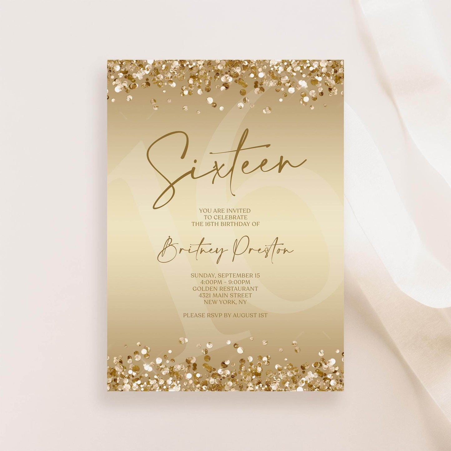 Gold 16th Birthday Invitation Template, Editable Digital Sweet Sixteen Party Invite, Confetti Text Message Evite, Instant Download DIY