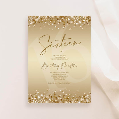 Gold 16th Birthday Invitation Template, Editable Digital Sweet Sixteen Party Invite, Confetti Text Message Evite, Instant Download DIY