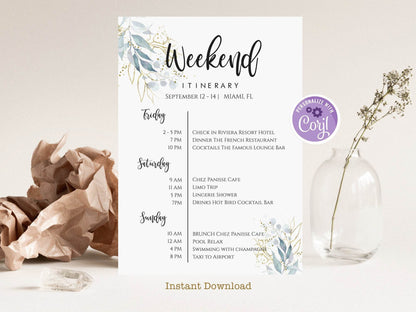 Greenery Wedding Weekend Itinerary Template, Wedding Day Schedule Events, Weekend wedding timeline, Bachelorette Itinerary, Instant Download