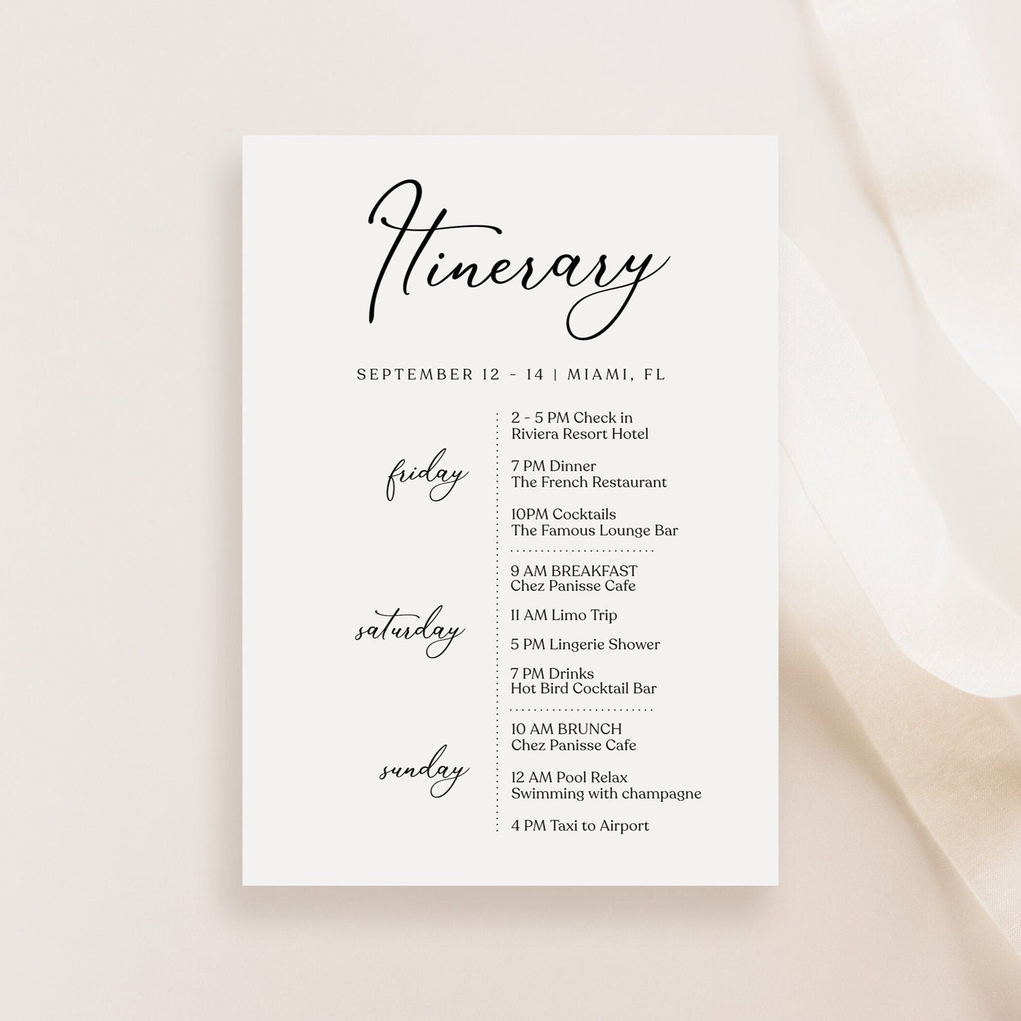 Simple Weekend Itinerary Template | Editable Bachelorette or Hens Party Planner | Minimalist Birthday or Wedding Weekend Schedule | Digital Download