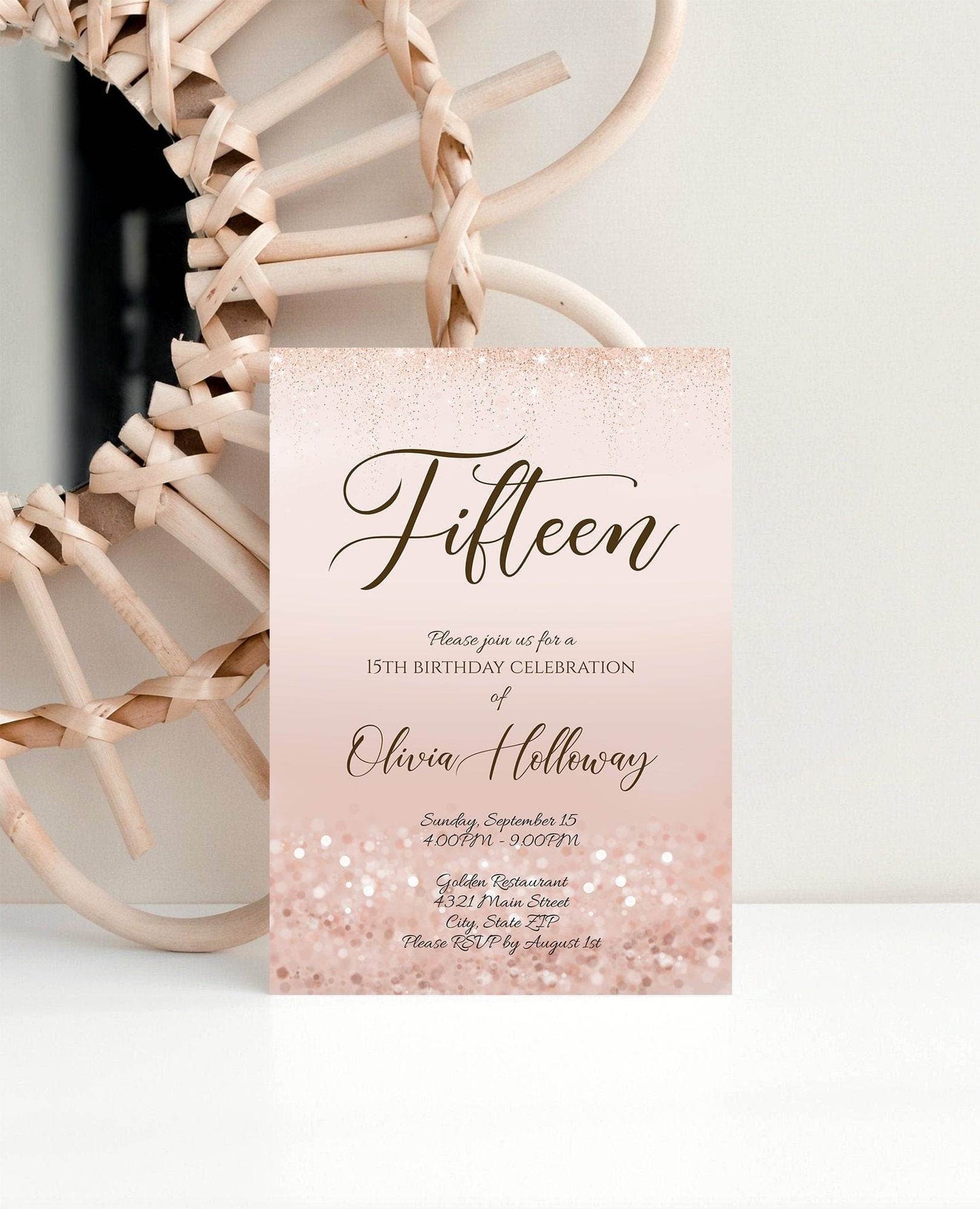 15th Birthday Invitation Template | Luxury Rose Gold Glitter Editable Invite | Printable Digital Quinceañera Card | 5x7 Text Message Evite