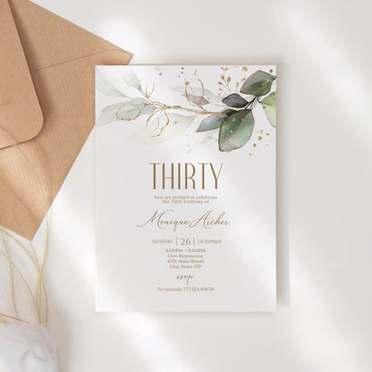 Editable Thirty 30th birthday Invitation Card Template, Printable Greenery Gold Leaves Birthday Invite, Digital Template, Email Text Message