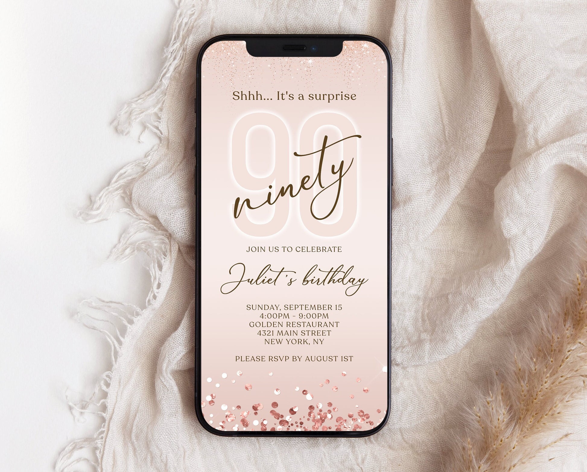 90th Birthday Invitation Template - Instant Download | Rose Gold | Editable