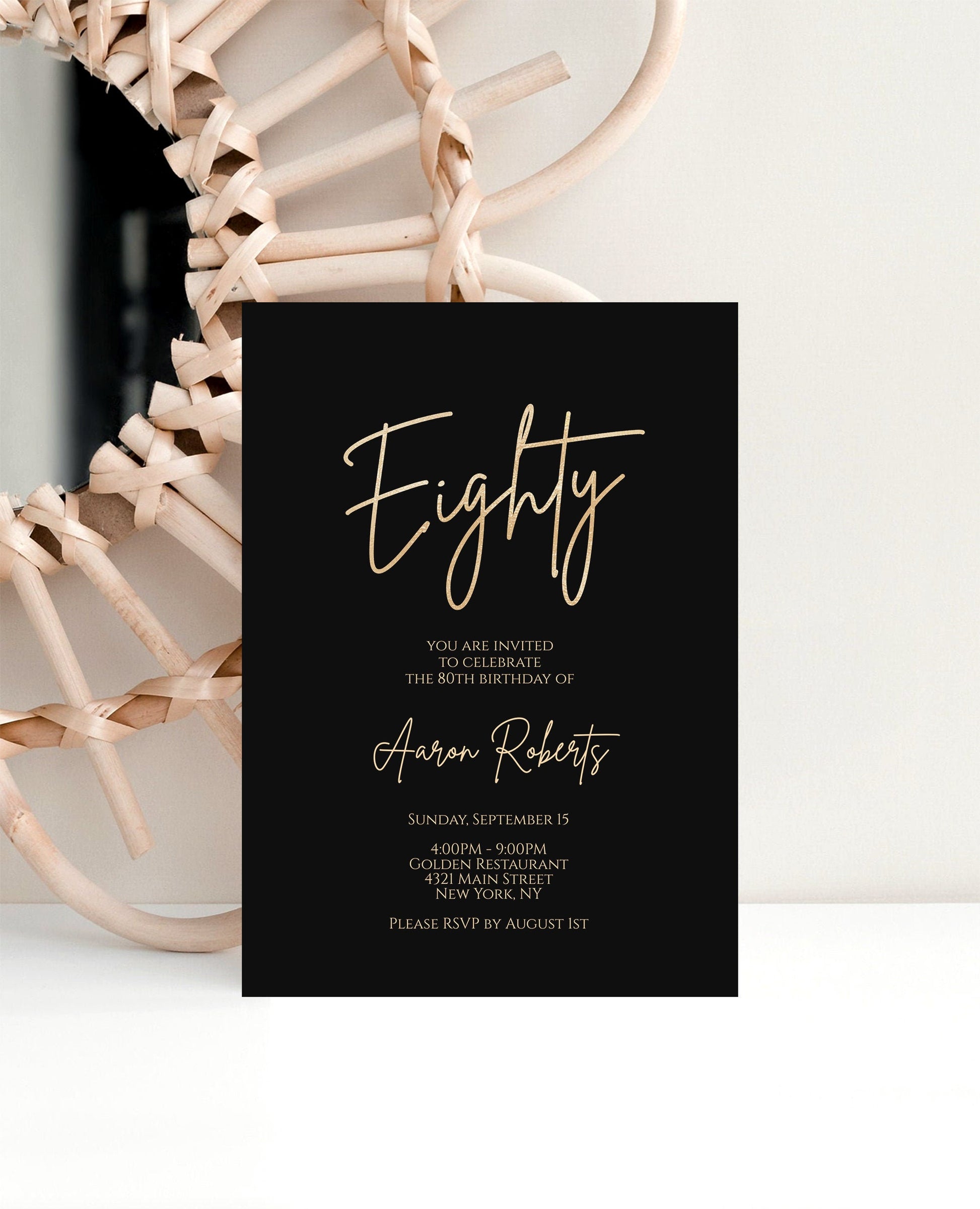 Printable Eighty 80th Birthday invitation template, Editable Black Gold Foil Birthday Invite, 5x7 Digital Card Template, Email Text Message