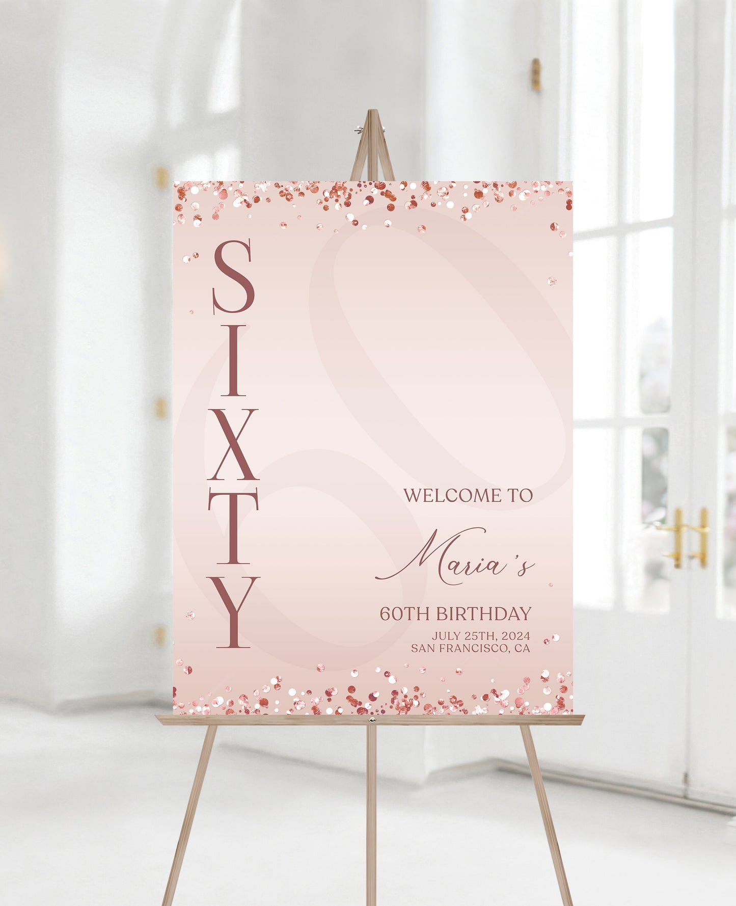 Printable Rose Gold 60th Sixty Birthday Welcome Sign Template, Editable Sign, Blush Pink Birthday Welcome Sign Poster, Modern Welcome Board