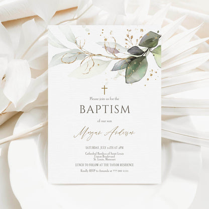 Baptism Invitation Template – Editable Greenery Christening Invite | Eucalyptus & Gold Leaves | Boy or Girl Printable Digital Download