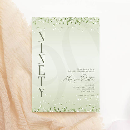 Editable Mint Green 90th Birthday Invitation Template | Printable Surprise Party Invite | Modern Digital Download for Text or Email