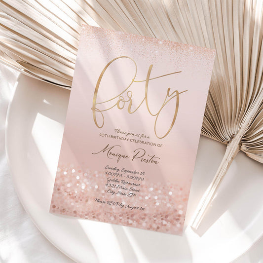 Rose Gold 40th Birthday Invitation Template, Editable Ladies Surprise Party Invite, Printable Pink Evite, Digital Text Message Download