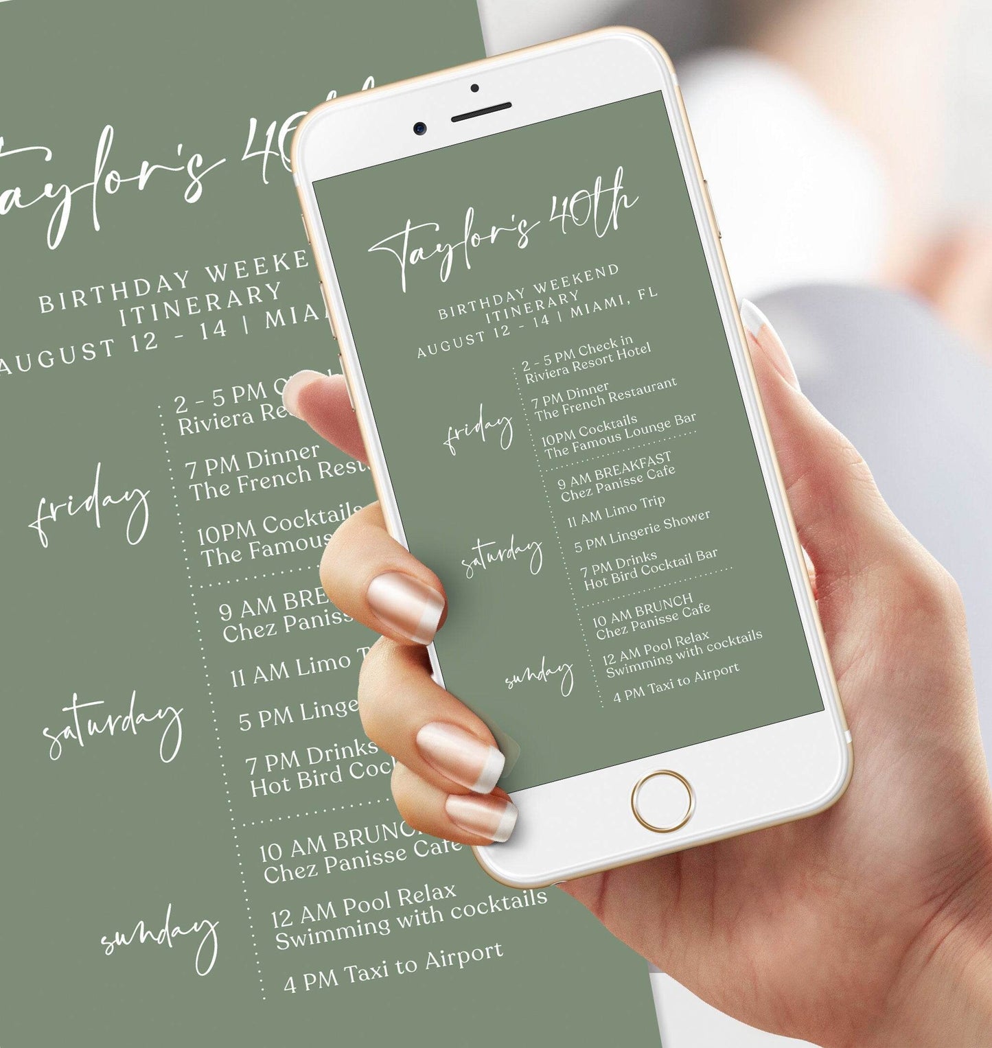 Sage Green 40th Birthday Itinerary Template, Editable Weekend Schedule, Digital Birthday Itinerary, Electronic Party Weekend Invite