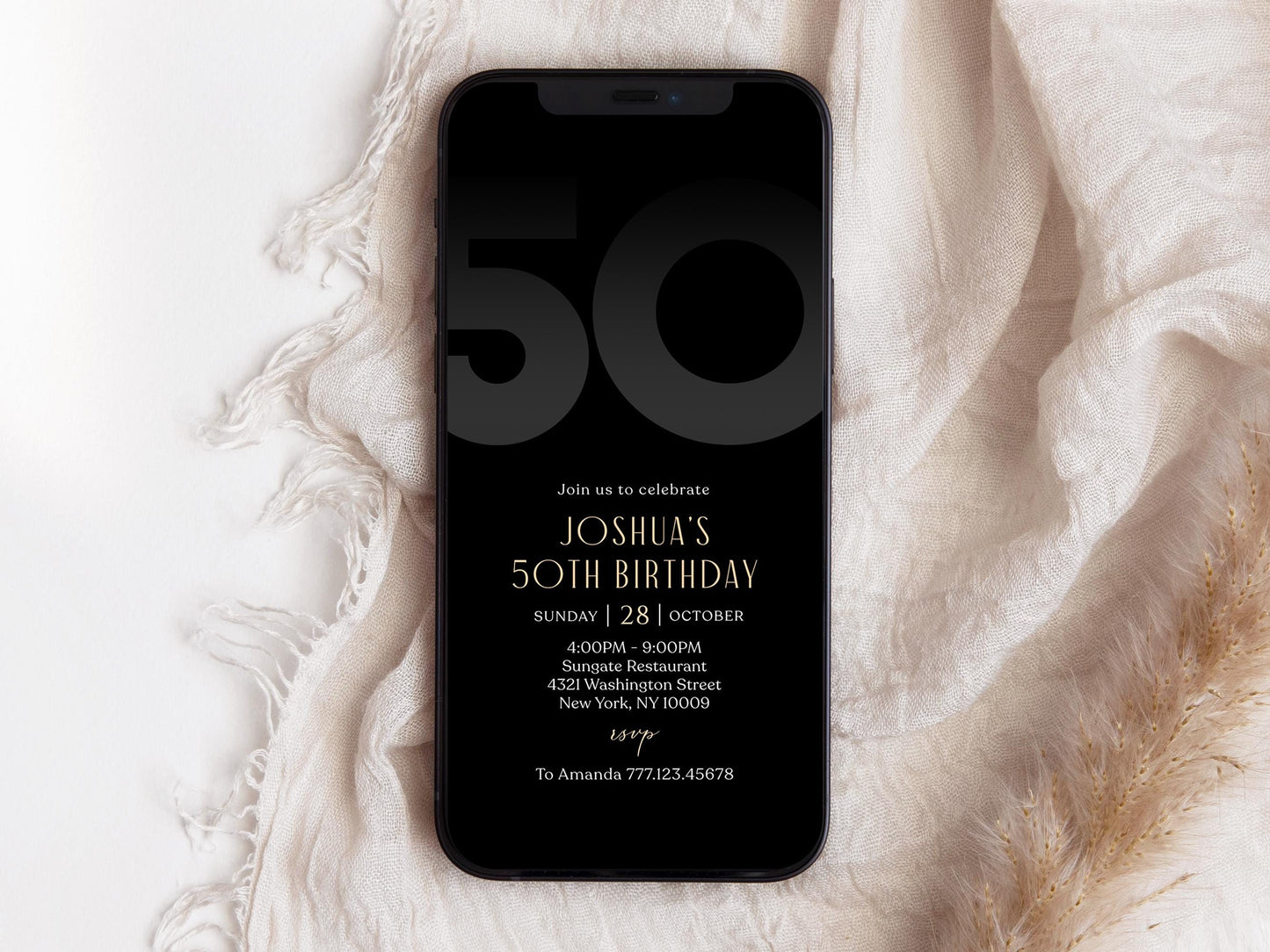 Digital Black 50th Fifty Birthday Invitation Template, Electronic Party Invite for Him, Simple Black Elegant Invitation, Text Message Evite