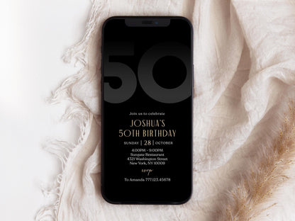 Digital Black 50th Fifty Birthday Invitation Template, Electronic Party Invite for Him, Simple Black Elegant Invitation, Text Message Evite