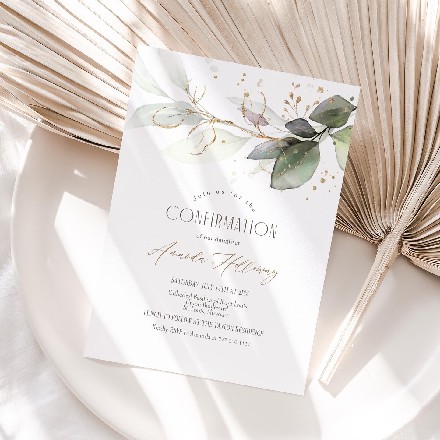Confirmation Invitation Template | Printable Greenery Eucalyptus Invite | Editable Baptism or Confirmation Card | Instant Download