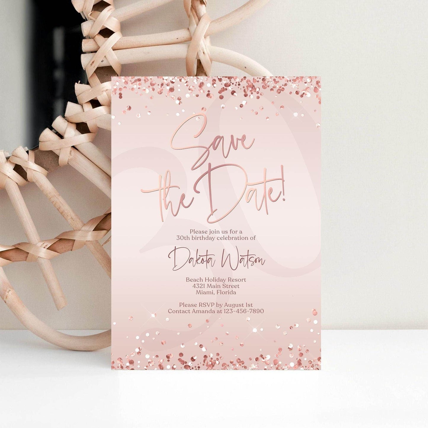 Save the Date Invitation Template | Editable Pink Rose Gold Birthday Invite | Any Age Digital Evite | Printable Text or Email Card | Instant Download