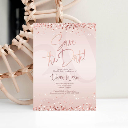Save the Date Invitation Template | Editable Pink Rose Gold Birthday Invite | Any Age Digital Evite | Printable Text or Email Card | Instant Download