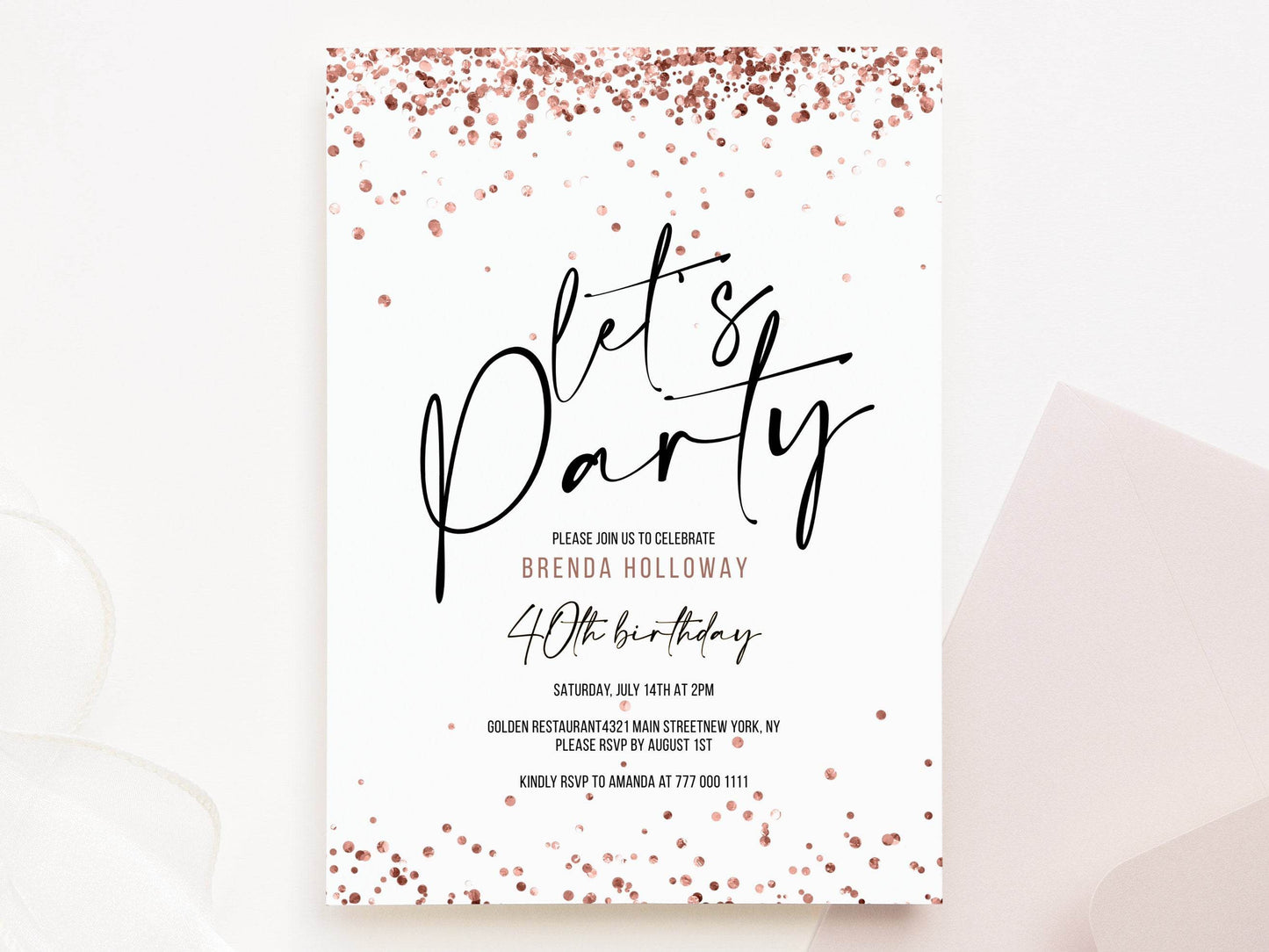 Let's Party Birthday Invitation Template, Rose Gold Confetti Adult Birthday Invite, Printable Women's Surprise Party, Editable Email Text Message Evite