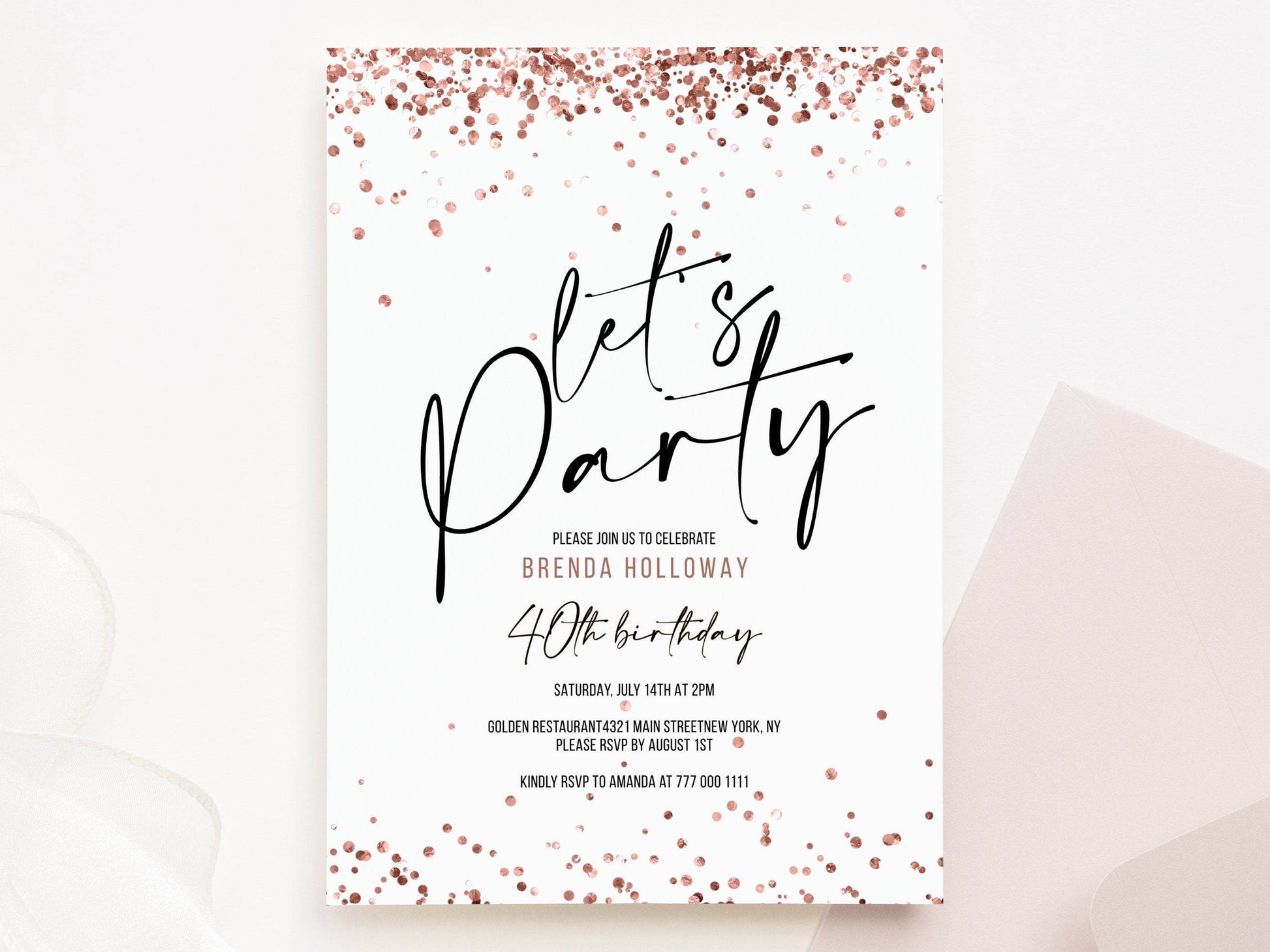 Let's Party Birthday Invitation Template, Rose Gold Confetti Adult Birthday Invite, Printable Women's Surprise Party, Editable Email Text Message Evite