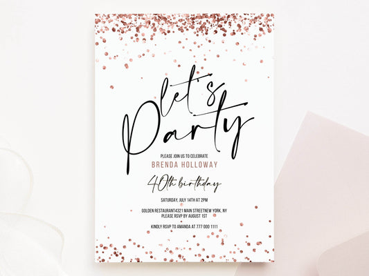 Let's Party Birthday Invitation Template, Rose Gold Confetti Adult Birthday Invite, Printable Women's Surprise Party, Editable Email Text Message Evite