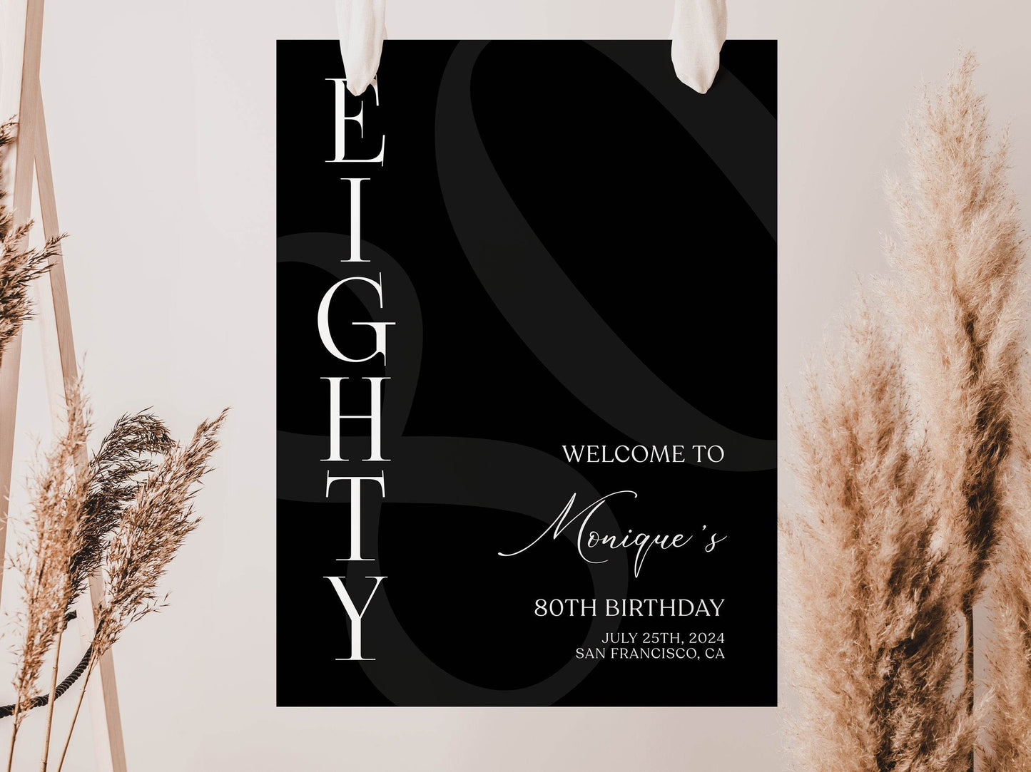 Simple Black 80th Birthday Welcome Sign Template – Printable Minimalist Eighty Birthday Poster | Editable Party Welcome Sign | Instant Download Decor