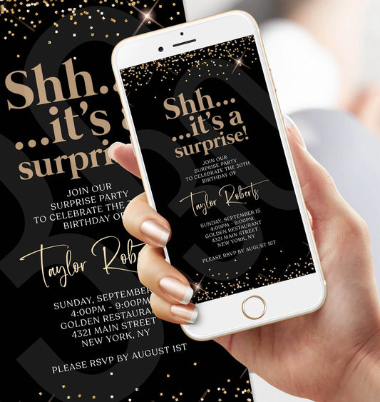 Surprise Birthday Invitation Template | Editable Black 30th Birthday Text Evite | Any Age Digital Party Invite | Shhh It's a Surprise | Instant Download