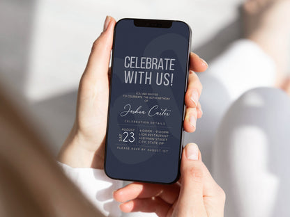 Minimal Navy Mens Birthday Invite, Custom Digital Mobile Text Message, Editable Text Invitation Template, DIY Electronic 60th Birthday Evite