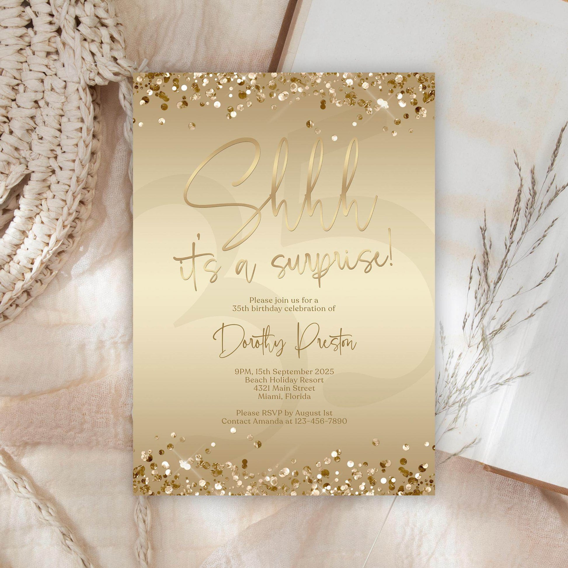 Surprise Party Invitation Template | Editable Gold Foil Birthday Invite | Shhh It’s a Surprise Card | Any Age Printable Evite | Text or Email