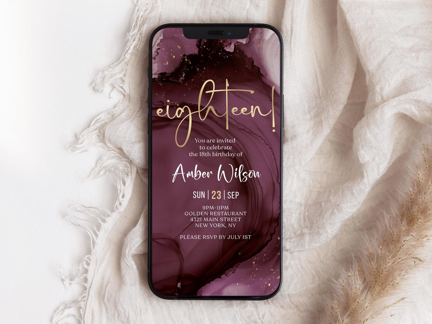 Digital Purple Gold 18th Eighteen Birthday Invitation Template, Electronic Modern Party Invite, Editable Girl Invite, Text Message Evite