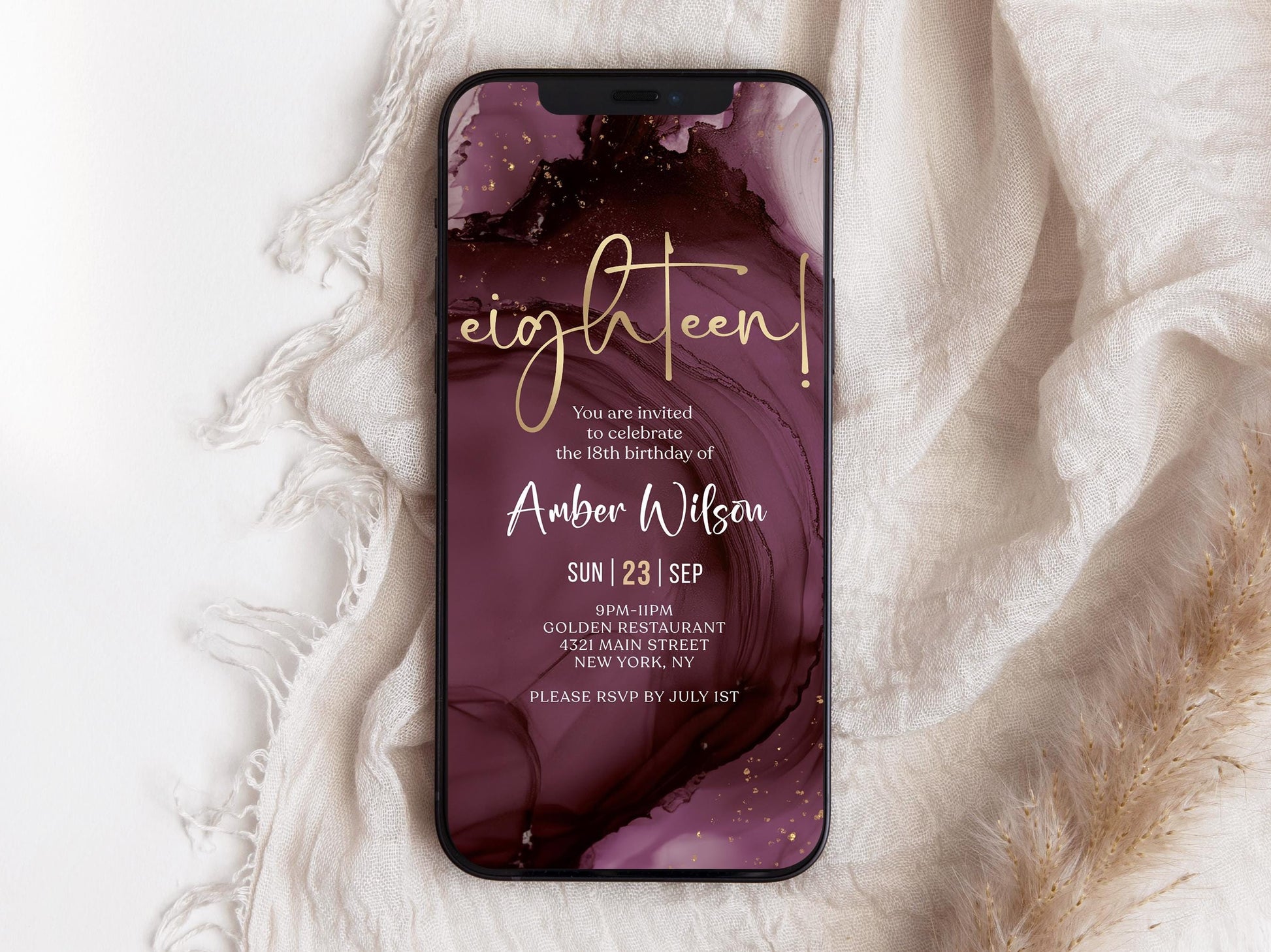 Digital Purple Gold 18th Eighteen Birthday Invitation Template, Electronic Modern Party Invite, Editable Girl Invite, Text Message Evite