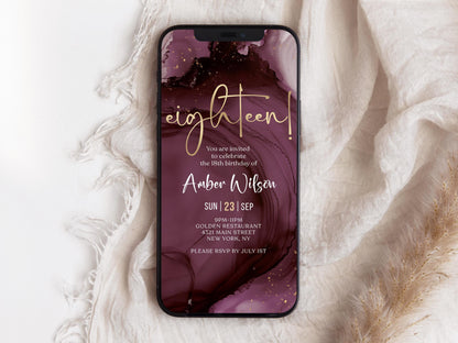 Digital Purple Gold 18th Eighteen Birthday Invitation Template, Electronic Modern Party Invite, Editable Girl Invite, Text Message Evite