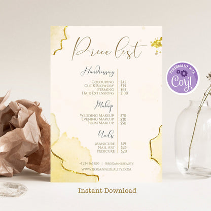 Editable Price List Template | Beauty Salon Pricing Guide | Instant Download