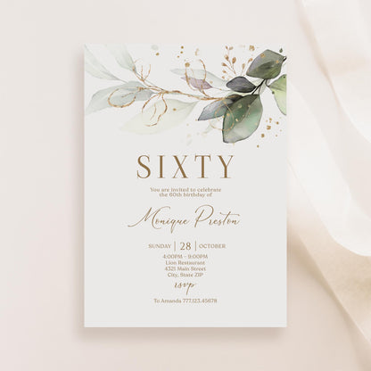 Editable Sixty 60th birthday Invitation Card Template, Printable Greenery Gold Leaves Birthday Invite, Digital Template, Email Text Message