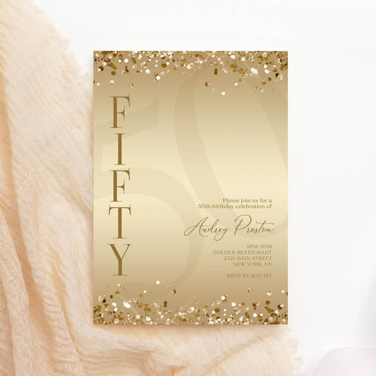 Gold 50th Birthday Invitation Template – Printable Surprise Party Invite – Editable Gold Confetti Digital Download for Text or Email