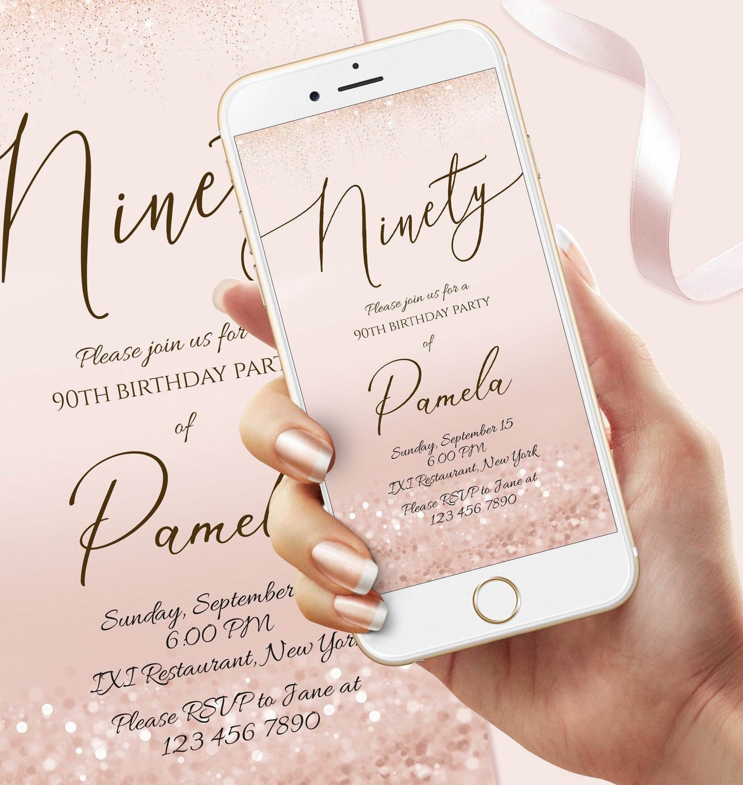 Electronic 90th Birthday Invitation – Rose Gold Editable Evite | Digital Text Message Invite Template | DIY Phone Birthday Card