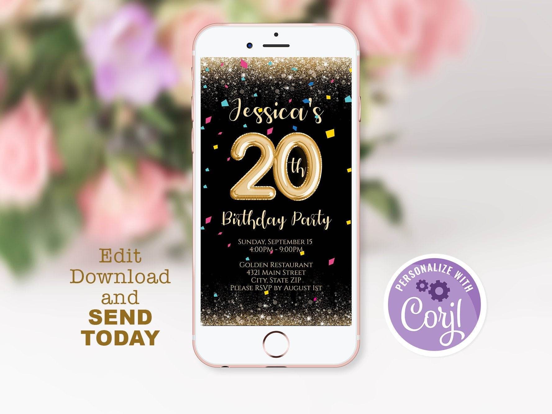 20th Birthday Invitation Template | Editable Digital Confetti Text Invite | Electronic Phone Birthday Card | Twenty Birthday Evite | Instant Download