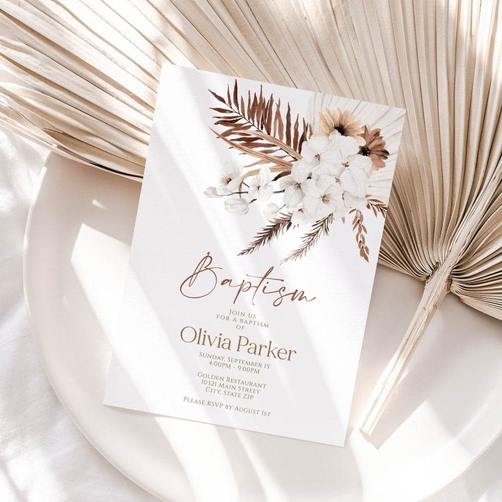 Boho Baptism Invitation – Printable Boho Floral Christening Invite – Gender Neutral Spring Baptism Template – Dried Flower Editable Invitation