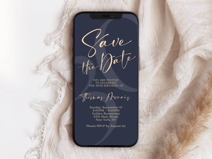 Digital Save the Date Invitation Template, Editable Navy Men’s Birthday Evite, Electronic Text-Message E-Card, Instant Download