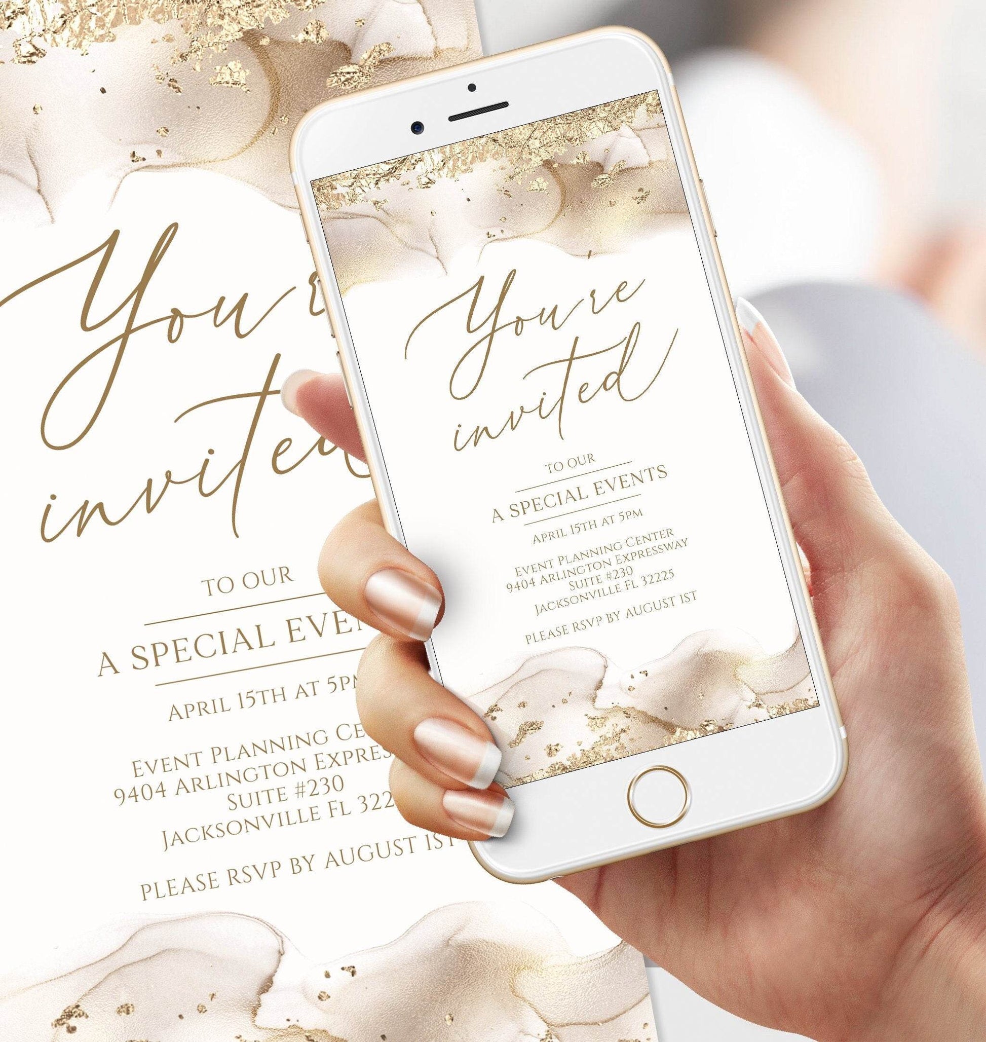 Gold You're Invited Digital Invitation Template, Editable Luxury Invite, Printable Electronic Evite, Text or Email Event Invitation