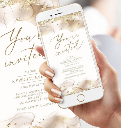 Gold You're Invited Digital Invitation Template, Editable Luxury Invite, Printable Electronic Evite, Text or Email Event Invitation