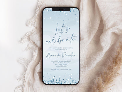 Electronic Let's Celebrate Blue Silver Invitation Template, Digital Confetti Birthday Invite, Editable Text Message Evite, Any Age Birthday