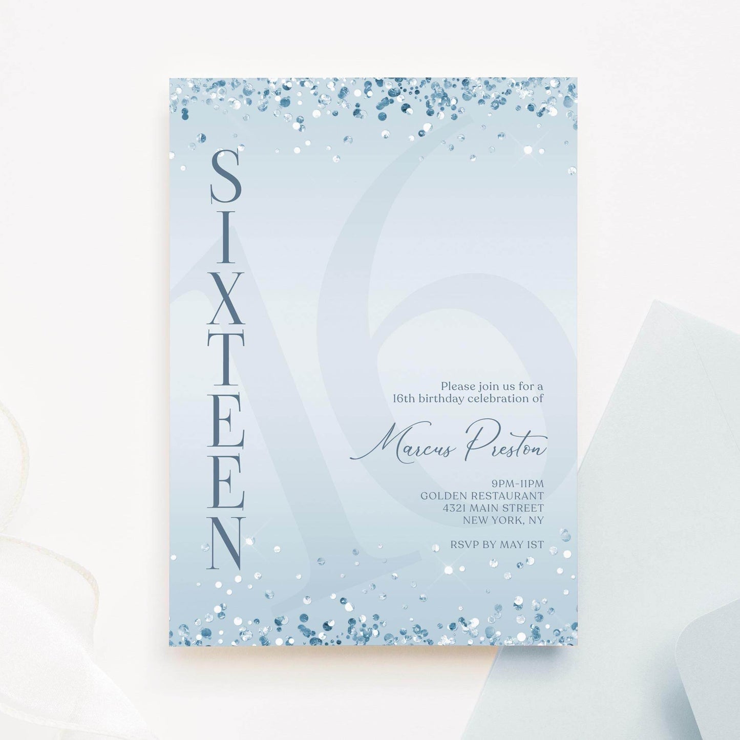 Editable Blue Confetti 16th Birthday Invitation for Boys, Surprise Party Text Message Evite, Printable Teen Boy Birthday Invite