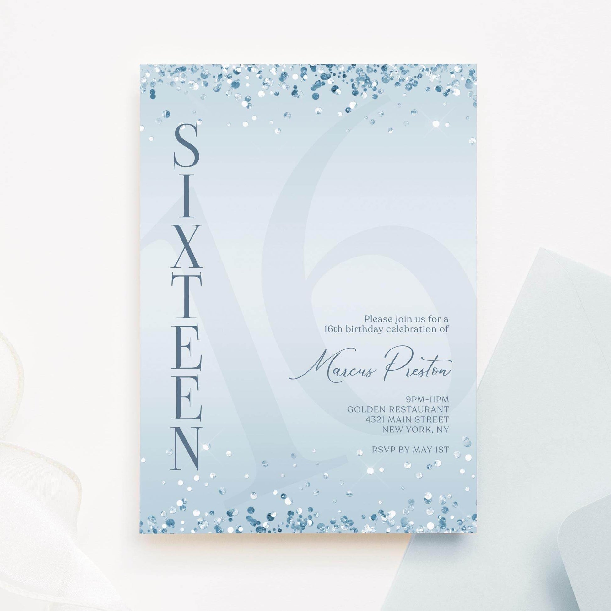 Editable Blue Confetti 16th Birthday Invitation for Boys, Surprise Party Text Message Evite, Printable Teen Boy Birthday Invite