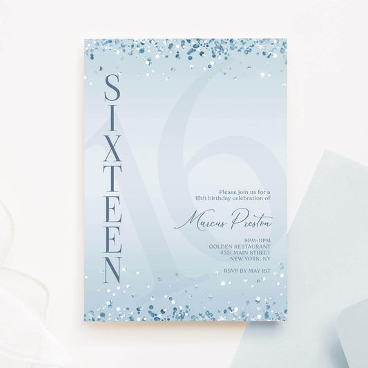 Editable Blue Confetti 16th Birthday Invitation for Boys, Surprise Party Text Message Evite, Printable Teen Boy Birthday Invite