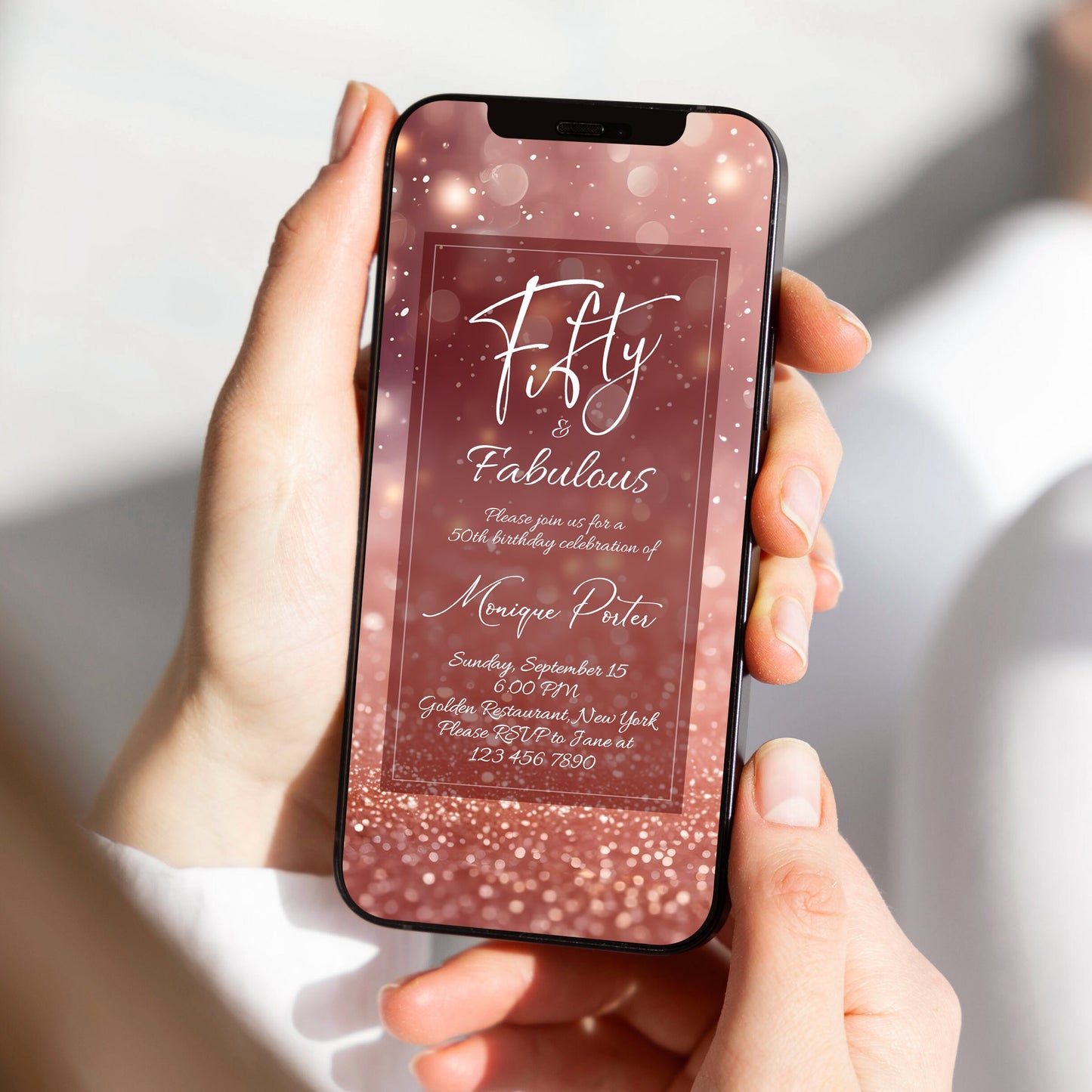 50th Birthday Dinner Party Invitation | Rose Gold Glitter "Fifty and Fabulous" Evite | Editable Text Message Invite | Digital Download
