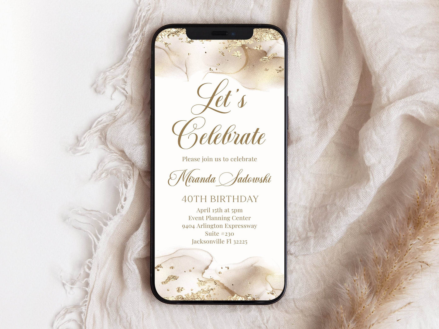 Digital Let's Celebrate White Gold Birthday Invitation, Any Age Editable Gold Glitter Party Invite, Text Message Evite Template