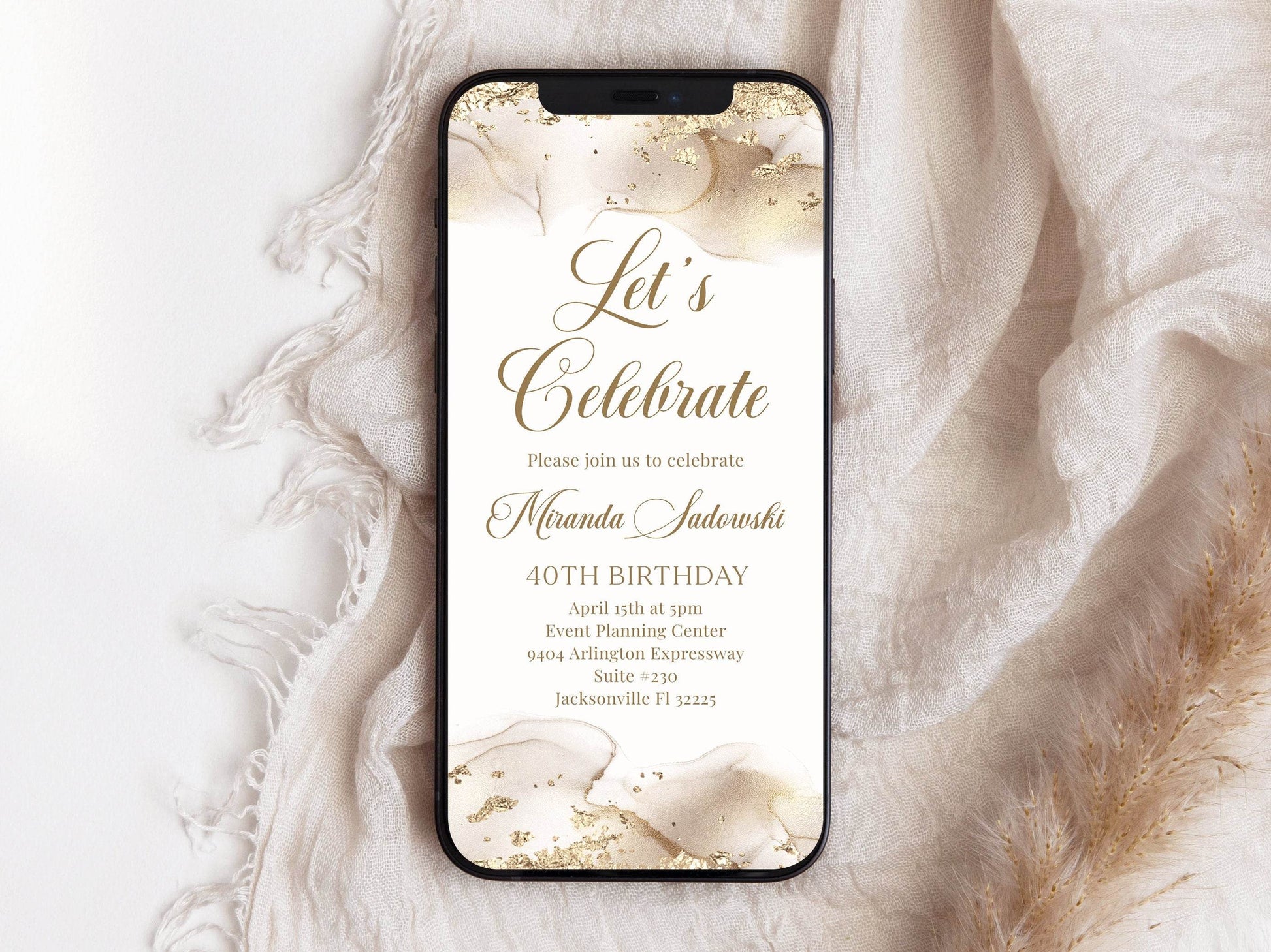 Digital Let's Celebrate White Gold Birthday Invitation, Any Age Editable Gold Glitter Party Invite, Text Message Evite Template