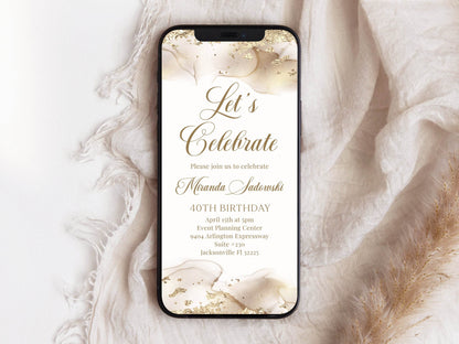 Digital Let's Celebrate White Gold Birthday Invitation, Any Age Editable Gold Glitter Party Invite, Text Message Evite Template