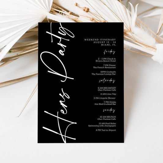 Printable Black Hens Party Weekend Itinerary Template – Editable Minimalist Bachelorette Weekend Schedule – Hen Party Events Itinerary – Instant Download