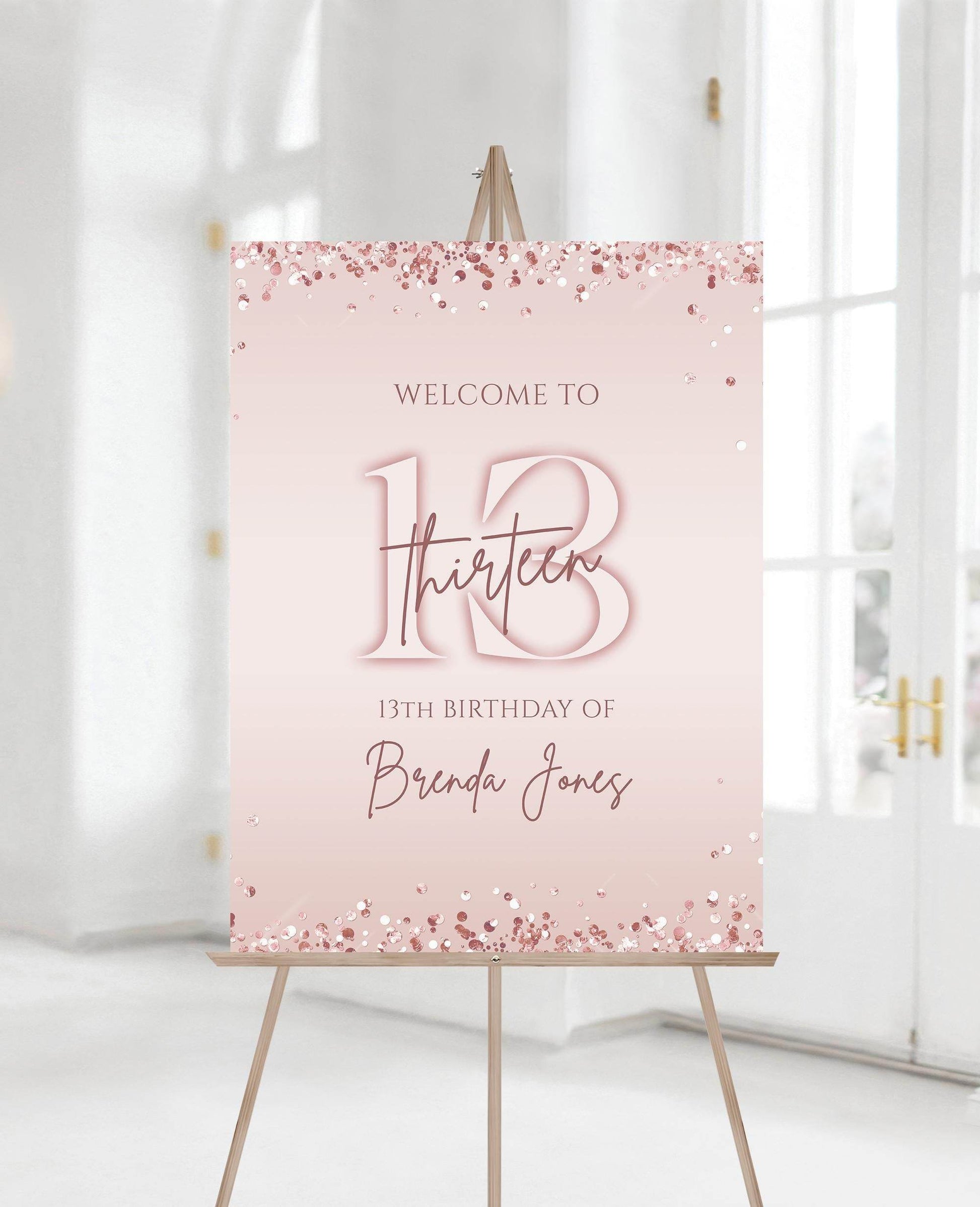 13th Birthday Welcome Sign Template | Editable Pink & Rose Gold Girl Party Poster | Printable Teen Birthday Decorations | Instant Digital Download